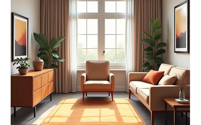 Illustratie van een interieur met meubels, passend bij de contactgegevens van Koude Stijl