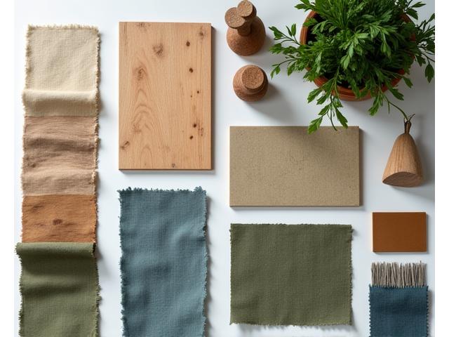 Diverse duurzame houtsoorten en stoffen in een studioruimte