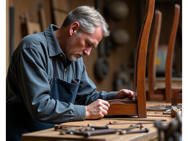Vakman die een antieke stoel restaureert
