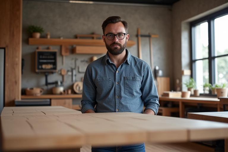 Oprichter van Koude Stijl, een man met baard en bril, staand in een moderne houtbewerkingswinkel, kijkend naar een houten meubelstuk