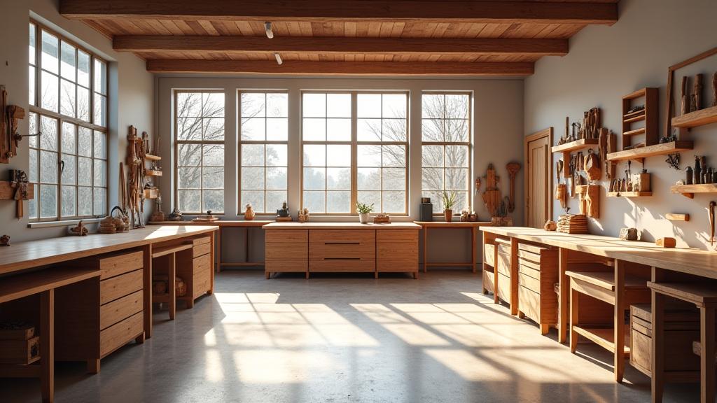 Schoon en georganiseerd werkplaatsinterieur van Koude Stijl met tafels, gereedschappen aan de muur en enkele onafgemaakte meubelstukken